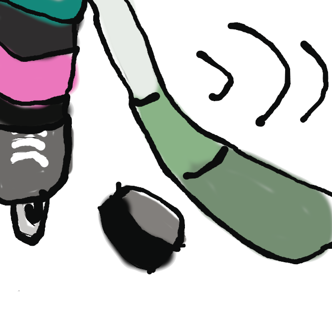 【アイスホッケー:ice hockey】氷上競技の一。全身を防具で固めスケート靴を履いた1チーム6人ずつの競技者が、木製のスティックでパック（たま）を相手側ゴールに入れて得点を争う競技。