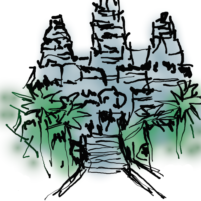 【アンコールワット：Angkor Wat】カンボジア北部、アンコールにある石造寺院遺跡。12世紀初め、クメール王朝スールヤバルマン2世の治下に建立。南北1300メートル、東西1500メートルの環濠(かんごう)に囲まれ、三重の回廊の中心に祠堂が建つ。ヒンズー教の神々やマハーバーラタ、ラーマーヤナなどの古代インドの叙事詩を描いた精緻な浮き彫りが残っている。1992年、アンコールの他の遺跡とともに世界遺産（文化遺産）に登録された。
