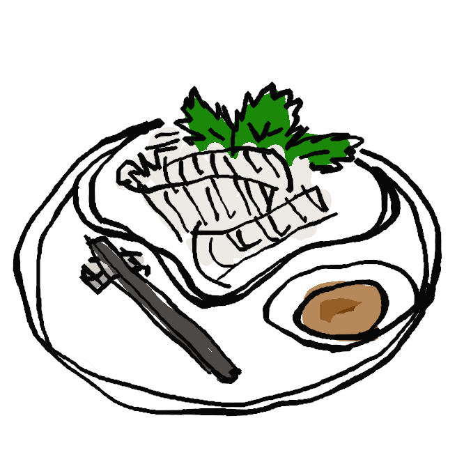【烏賊素麺】生イカをそうめんのように細長く切って、醤油(しょうゆ)またはつけ汁にわさびを添えた料理。