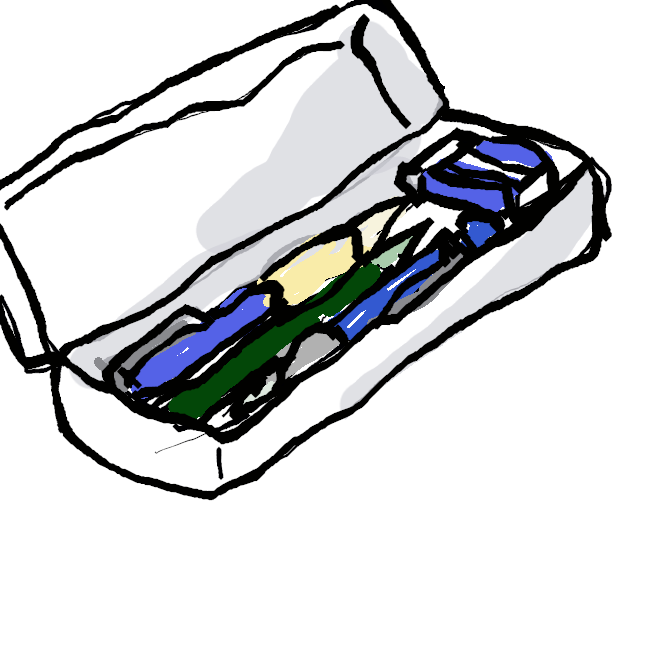 鉛筆、シャープペンシル、消しゴム、定規 、修正テープ 、ハサミなどを入れる物である。