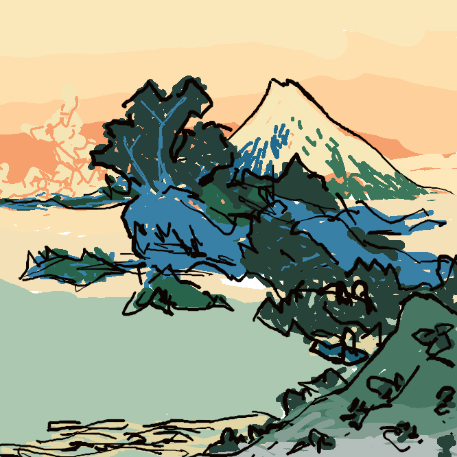 【相州七里浜】葛飾北斎による風景版画のシリーズ「富嶽三十六景」の作品の一。現在の鎌倉稲村ヶ崎付近から見える富士山を描いたもの。