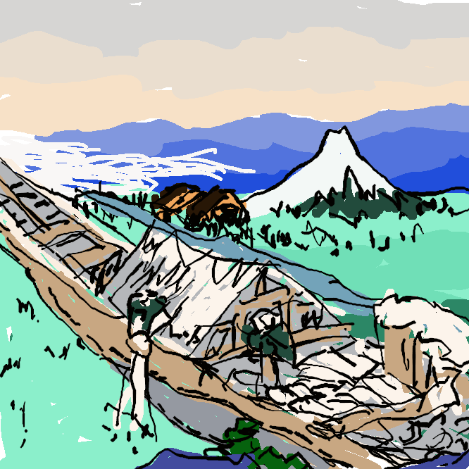 【常州牛堀】葛飾北斎による風景版画のシリーズ「富嶽三十六景」の作品の一。現在の茨城県潮来市付近の風景を描いたもの。手前に大きく苫舟を描き、画面右上に雪を被った富士山を配置している。