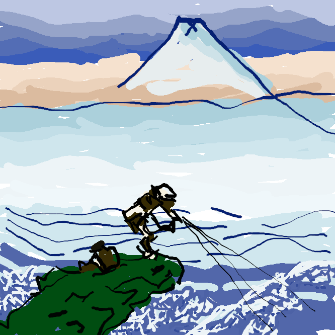 【甲州石班沢】葛飾北斎による風景版画のシリーズ「富嶽三十六景」の作品の一。石班澤は釜無川と笛吹川の合流点にあたる富士川上流の鰍沢のこと。急流上に突き出した岩場で投網を引く漁師と、向こう側の富士山を描く。