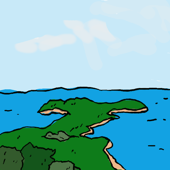 【半島】海に向かって長く突き出している陸地。小さいものは岬・崎・鼻などという。