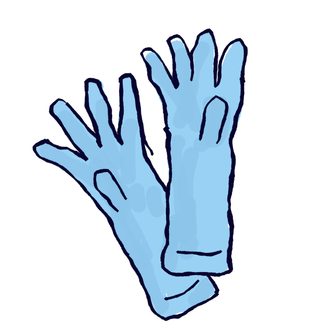 【ゴム手袋】生ゴムやラテックスなどのゴムを原料とする手袋。柔軟であり、水・油などあらゆるものを遮蔽するため、対象を肌に直接触れることなく繊細な作業を行うことができる。