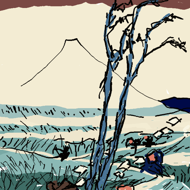 【駿州江尻】葛飾北斎による風景版画のシリーズ「富嶽三十六景」の作品の一。江尻は現在の静岡市清水区付近。富士山の姿と、強い風に煽(あお)られて旅人たちの懐紙や笠が舞い上がった瞬間を捉えた作品。
