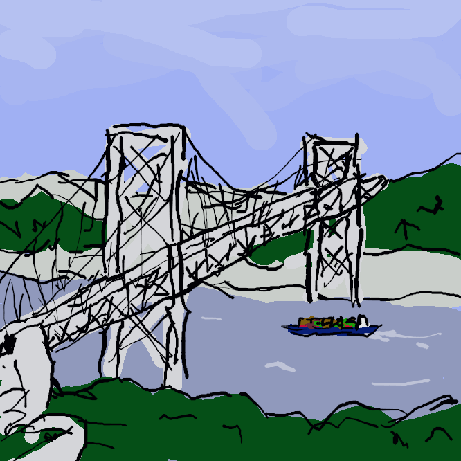 【関門橋】関門海峡の早鞆瀬戸に架けられたつり橋。自動車専用の道路橋。つり橋部の長さ1068メートル。昭和48年（1973）完成。