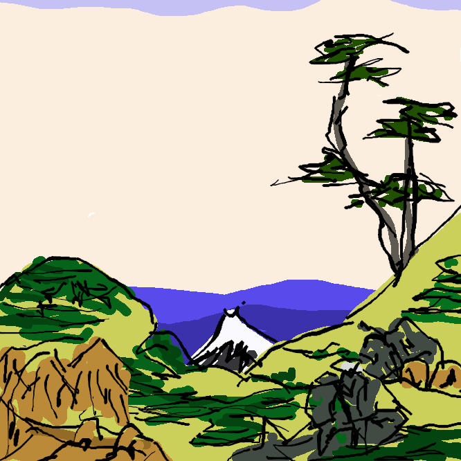 【下目黒】葛飾北斎による風景版画のシリーズ「富嶽三十六景」の作品の一。小高い丘の間に小さく見える富士山を描いたもの。