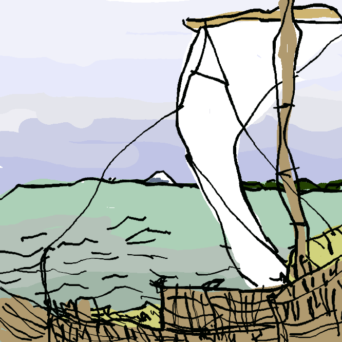 【上総ノ海路】葛飾北斎による風景版画のシリーズ「富嶽三十六景」の作品の一。江戸木更津間を結ぶ弁才船が描かれ、風をはらんだ帆と綱の間に小さく富士山が見える。