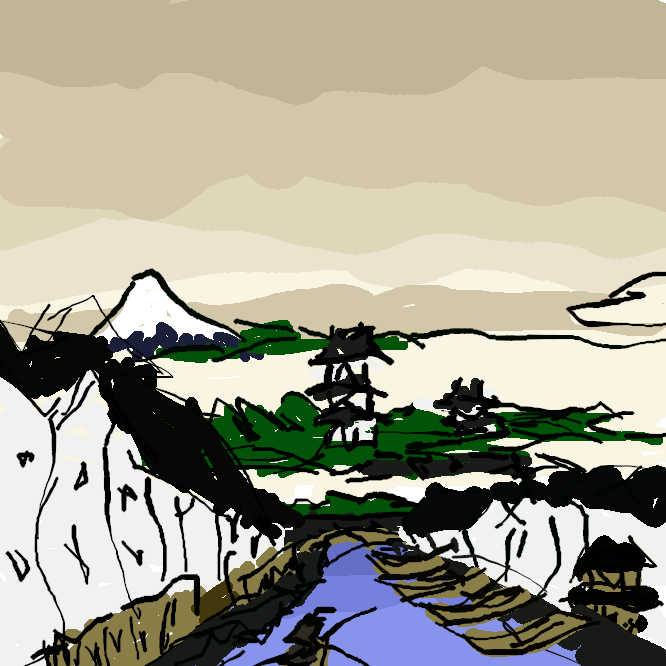 【江戸日本橋】葛飾北斎による風景版画のシリーズ「富嶽三十六景」の作品の一。遠方に富士山と江戸城、手前に日本橋を行きかう人々の雑踏を描いている。