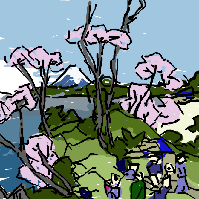 東海道に面した御殿山には、将軍家の品川御殿が置かれ、その後桜の植樹が行われ、富士と桜が一緒に楽しめる名所となりました。花の盛りのころには、敷物を広げて宴を催す人、扇を広げて舞う人たち、子供を背に花見を楽しむ夫婦など、今も変わらない風景です。