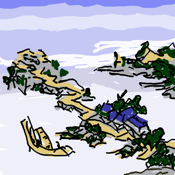 那覇港の三重城（みーぐしく）を描いた作品です。琉球王朝が那覇港に浮かぶ小島まで海中道路を建設し、那覇を外敵から護る要塞を築いたのです。