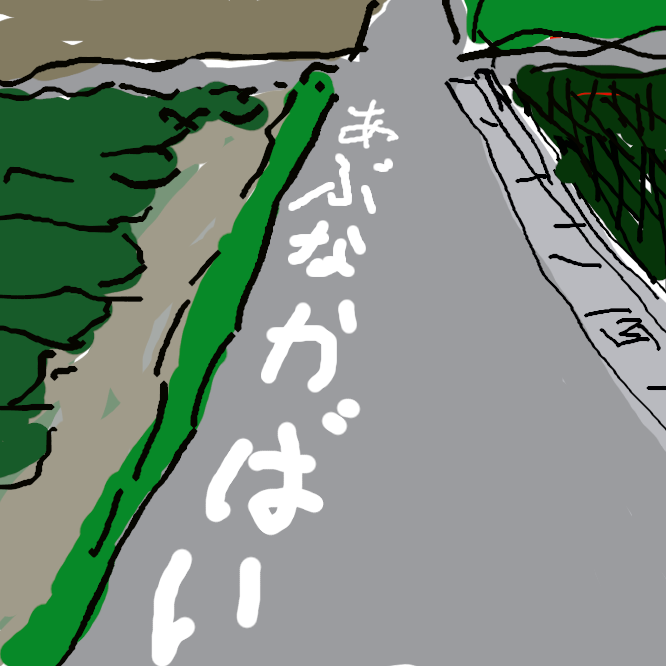 福岡県内にある道路標識で、福岡ならではの「あぶなかばい」という方言で、危険性を訴えかけている。