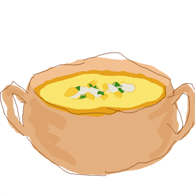 とうもろこしのスープ。とうもろこしをゆで、すりつぶしたり裏ごししたりしたものや、ゆでて粒のままのものなどを用いたクリームスープをさすことが多い。