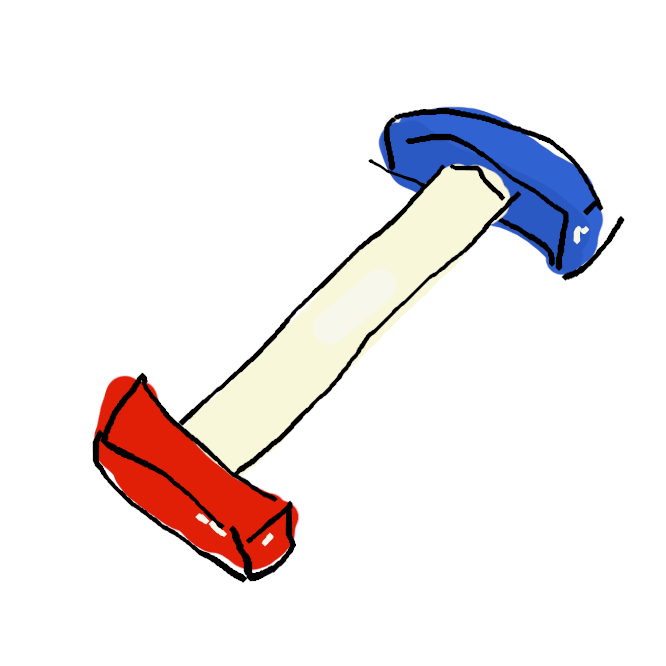ドラえもんのひみつ道具。この棒を長く伸ばして赤側を前にし、二人で両端を肩に担ぎ、青側を持つ人がいっしょにやりたいことを言うと、二人は相棒になるというのだ。